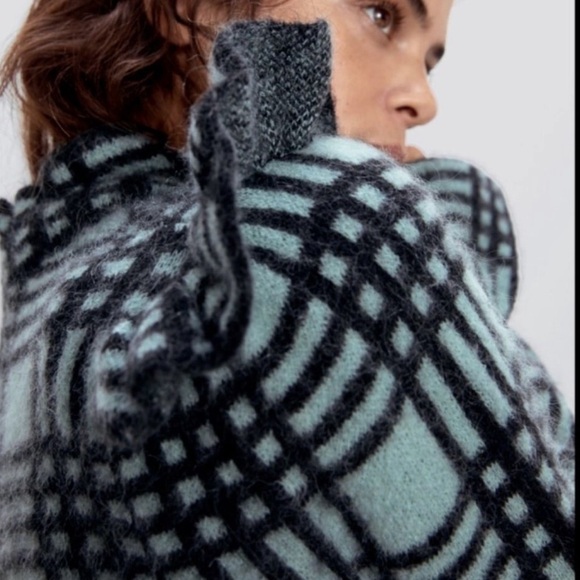 Zara Women Wool Mohair Check Sweater M High Collar - Picture 7 of 12
